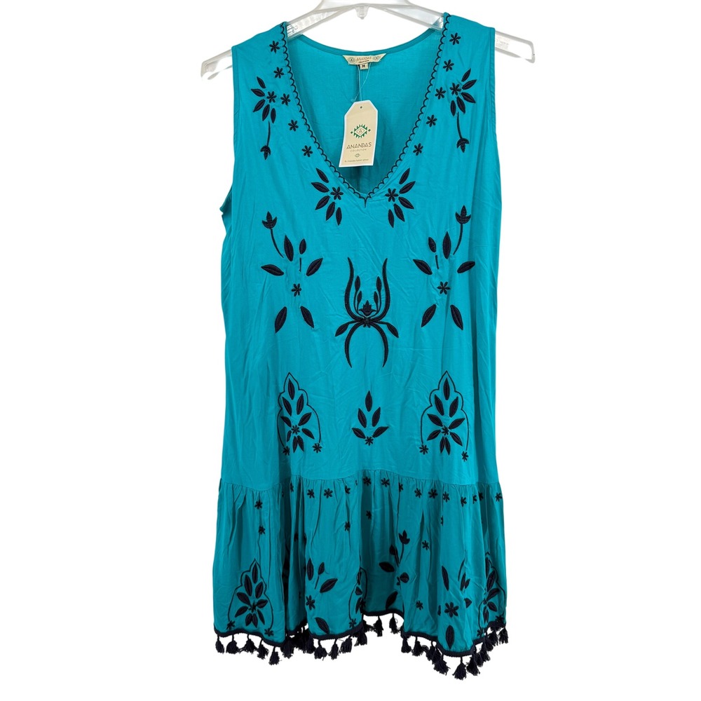 NWT‎ Anandas Collection Teal Embroidered Tassel Drop Waist Dress Size Medium